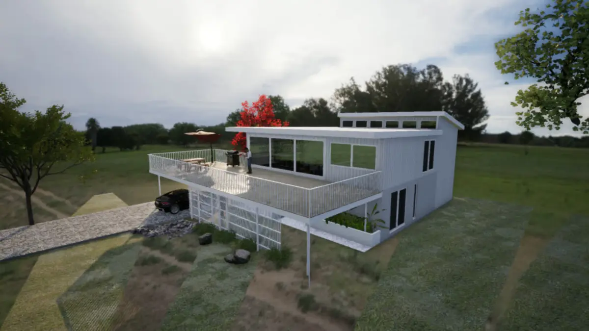 Elevated contemporary home design on an open site