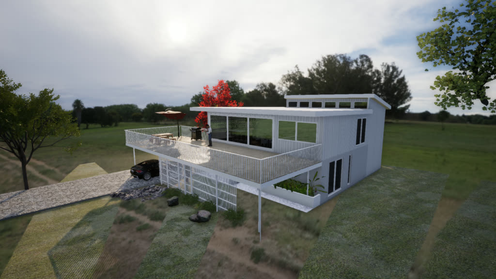 Elevated contemporary home design on an open site